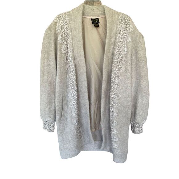 Vintage Gizel Sweater Coat White Beaded Angora Rabbit Hair Cardigan L/XL New - Picture 5 of 13
